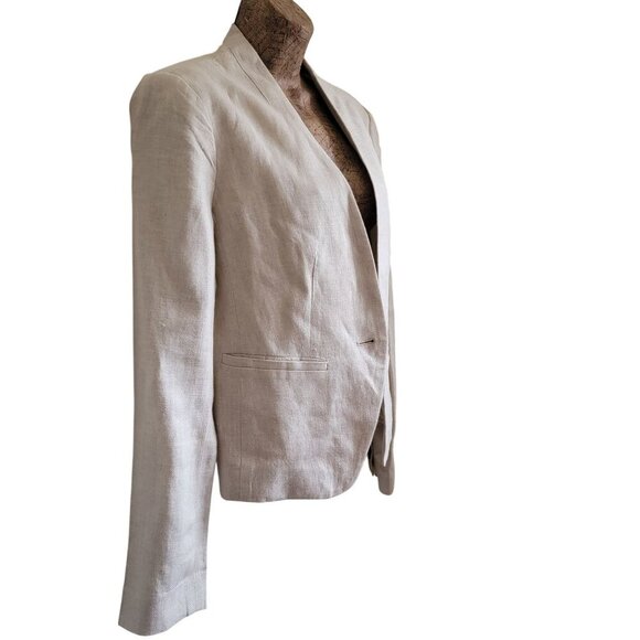 Women's Loft Beige Linen Single-Button Blazer with Pockets Classic Style - Picture 3 of 14